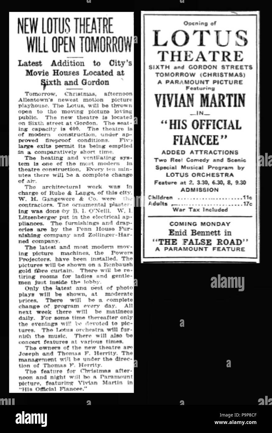 38- 1920 - Lotus - Ouverture du théâtre 24 déc MC Allentown PA Banque D'Images