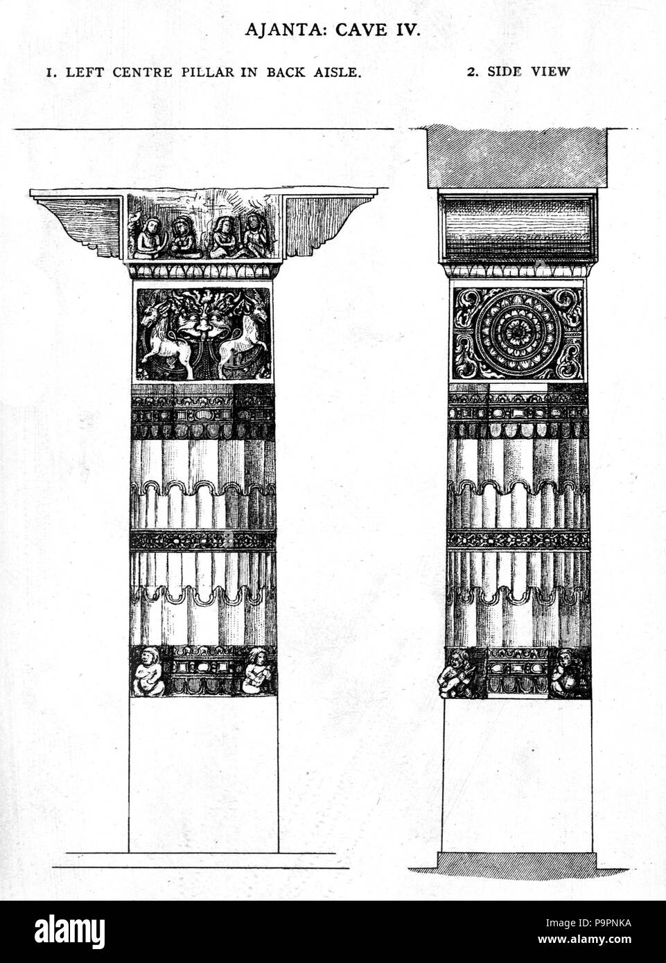 107 Ajanta grotte 4, retour piliers décorés Banque D'Images