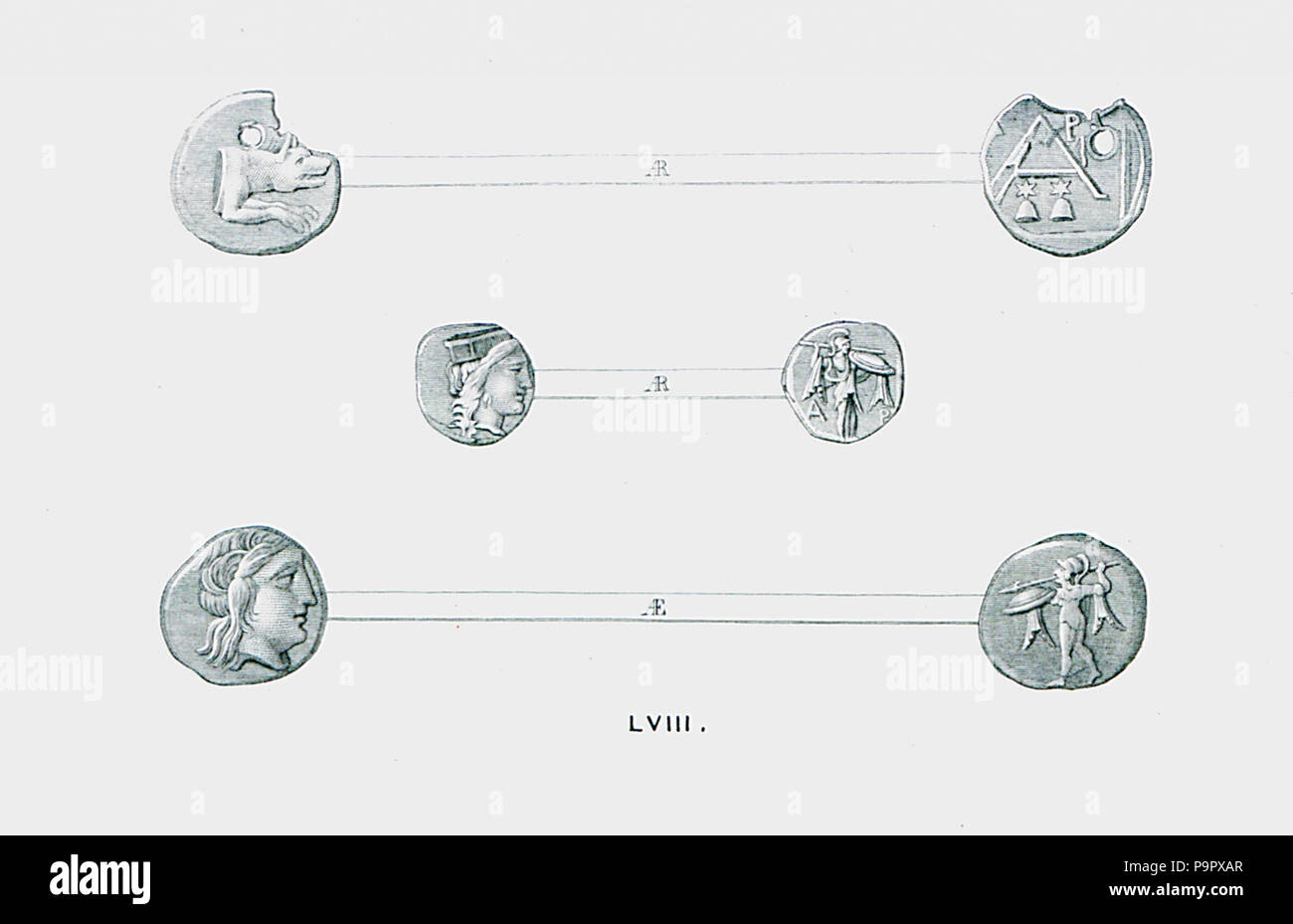 128 pièces anciennes d'Argos - Peter Oluf Brøndsted - 1830 Banque D'Images