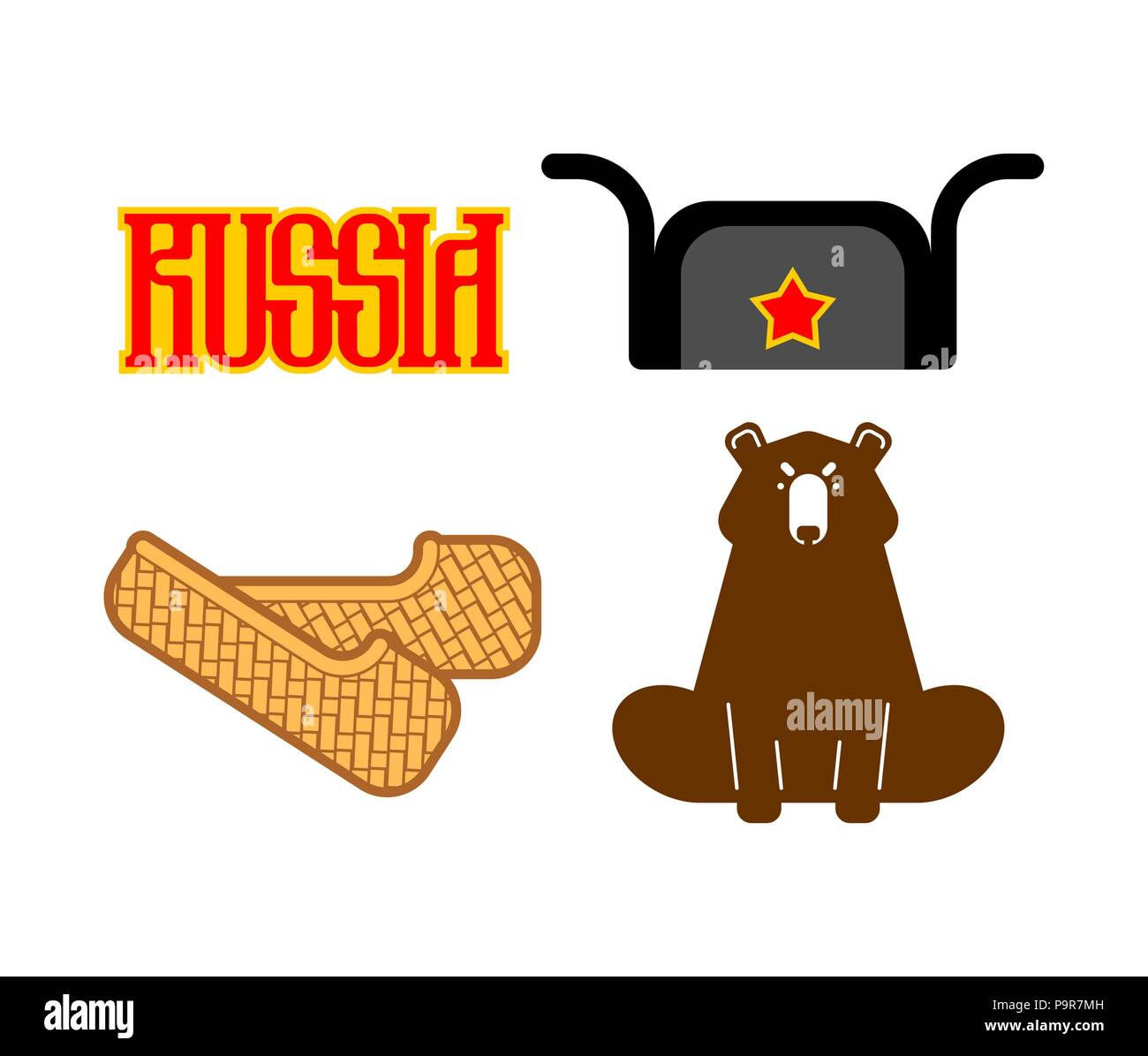 La Russie signe ensemble icône. Bast chaussures et l'ours. Ushanka et red star. Symbole national du folklore russe. Vector illustration Illustration de Vecteur