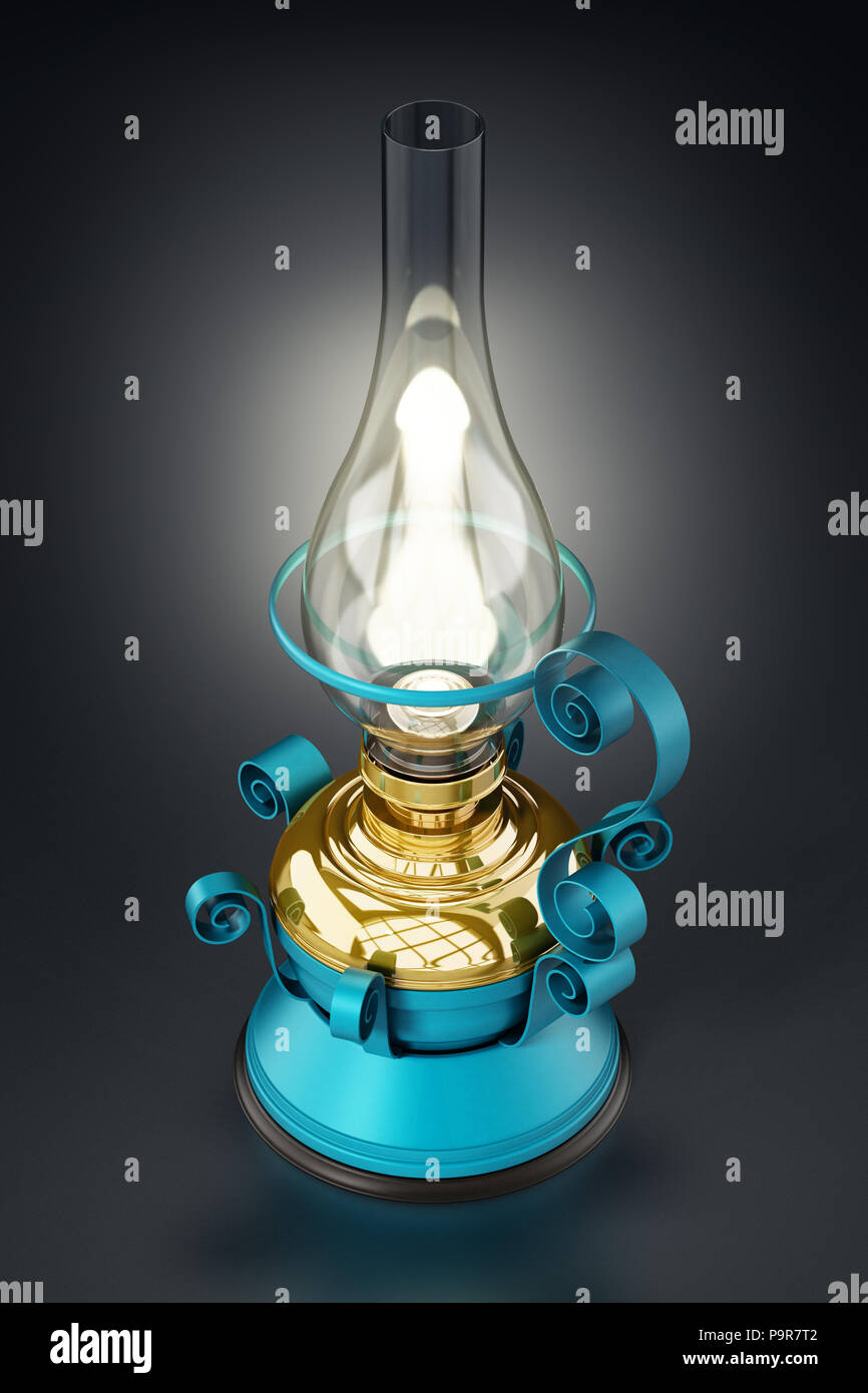 Lampe à huile d'époque à l'incandescent noir. 3D illustration. Banque D'Images