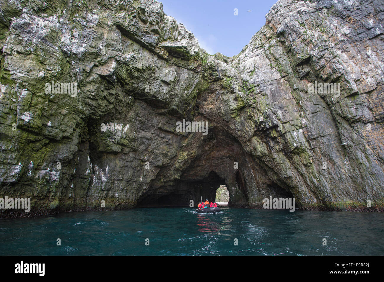 Zodiaque avec les touristes à la découverte des falaises d'oiseaux de l'île Bear (Bjørnøya), France Banque D'Images