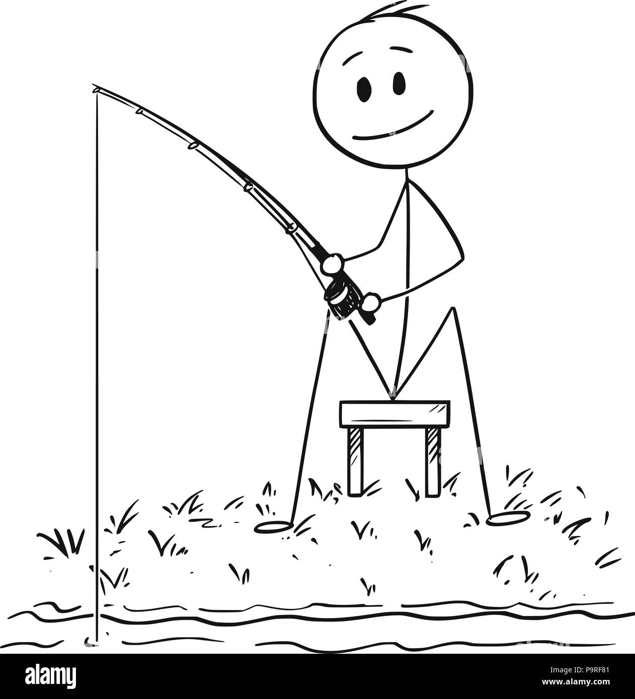 Caricature de l'homme ou le pêcheur La pêche sur la rivière ou lac Illustration de Vecteur