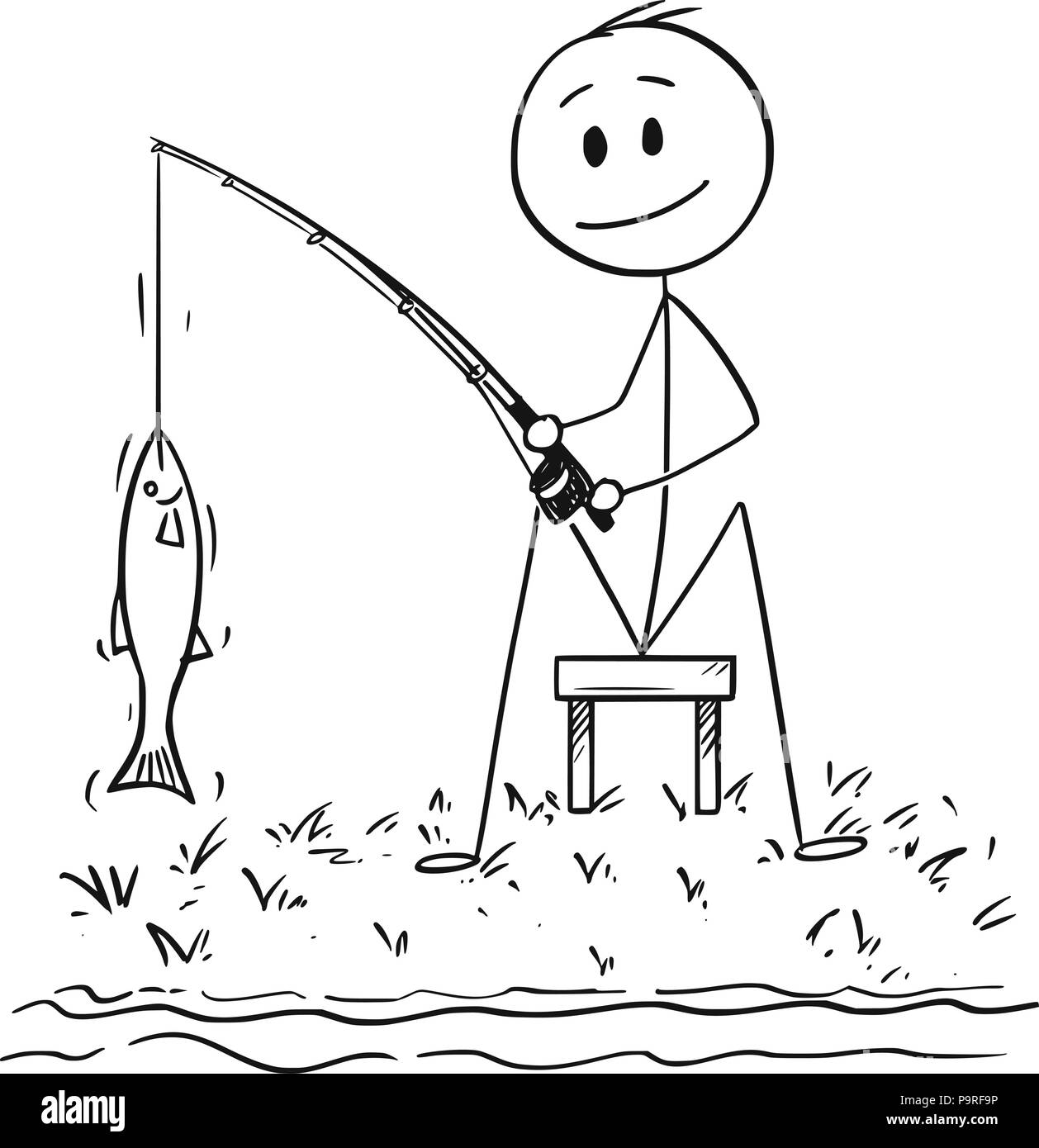 Caricature de l'homme ou le pêcheur La pêche sur la rivière ou lac la capture d'un poisson Illustration de Vecteur