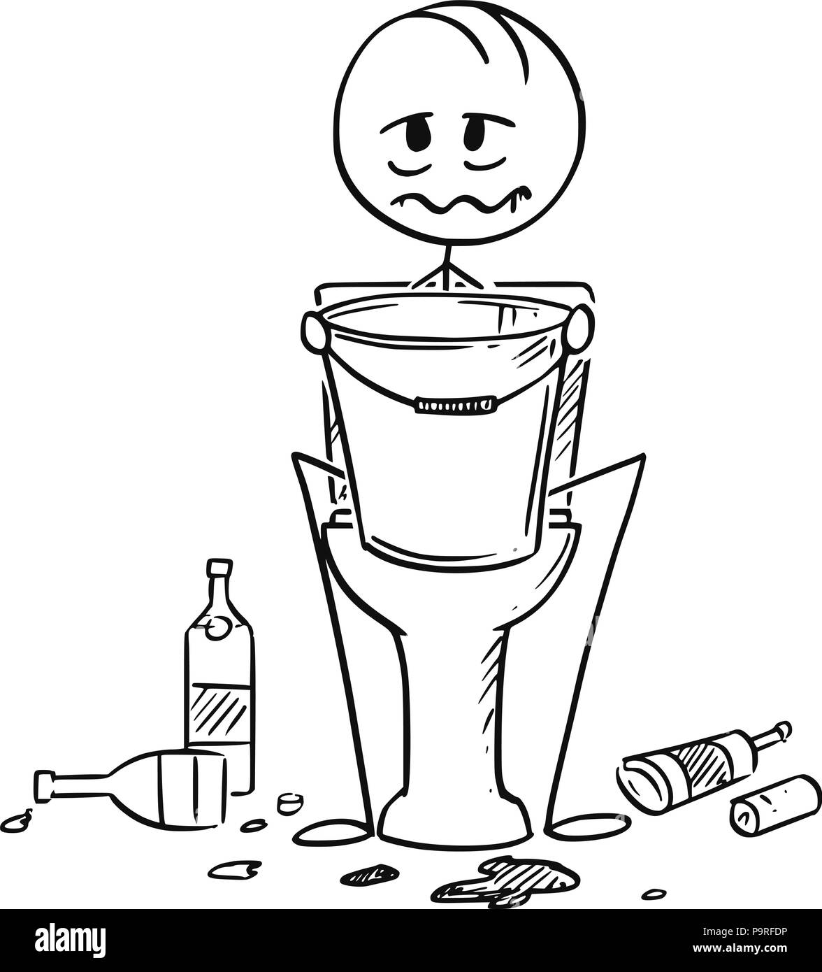 Caricature de l'homme ivre ou malade assis sur les toilettes avec godet en mains Illustration de Vecteur