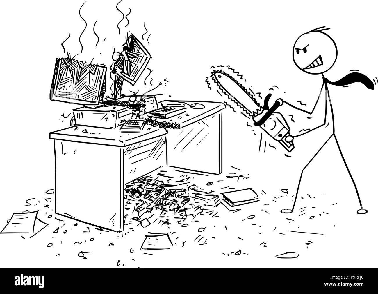 Caricature de Angry Businessman With Chainsaw détruisant et l'ordinateur 24 Illustration de Vecteur