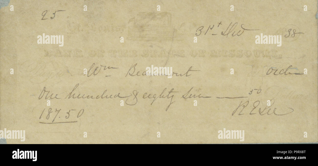 Vérifier la présence de 303 187,50 $ à William Beaumont à partir de la Banque de l'État du Missouri, signé R.E. Lee, le 31 décembre 1838 Banque D'Images