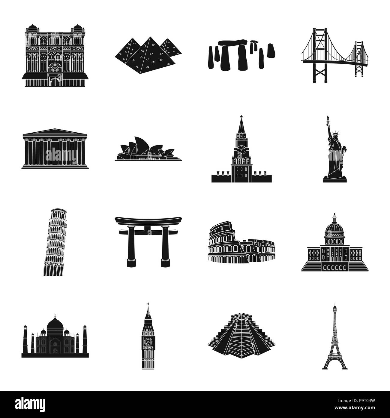 Ben,antique,gros,Black,bâtiment,pont,capitol,chichen,collection,colisée,pays,design,tour eiffel,égyptien,English,gate,golden,maison,grec,icône,illustration,isolé,kremlin liberté,mahal,monument,national,opera,pise,pyramides,reine,set,sites touristiques,signer,membres,statue,structure,pierre,sydney, symbole,taj,temple, torii,tourisme,voyage,tour,des,vecteur vecteurs vecteur victoria , Illustration de Vecteur
