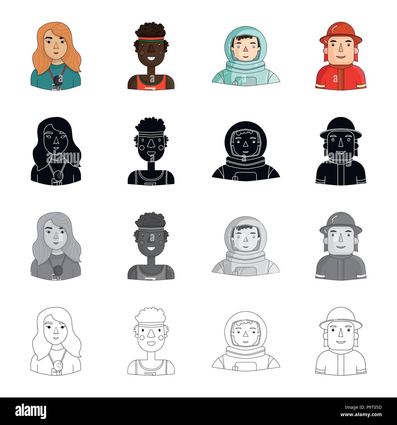 Tête, profession, hobbies et autre icône de style dessin animé. Spécial, bretelles, fireman icônes dans set collection. Illustration de Vecteur