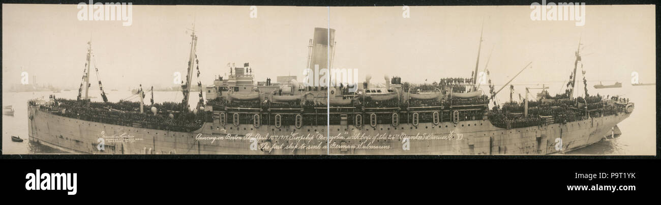 157 arrivant à Boston, jeudi, 10 avril 1919, à bord, "la Mongolie" avec les garçons de la 26e ("Yankee") Division, le premier navire à couler un sous-marin allemand RCAC2007664426 Banque D'Images