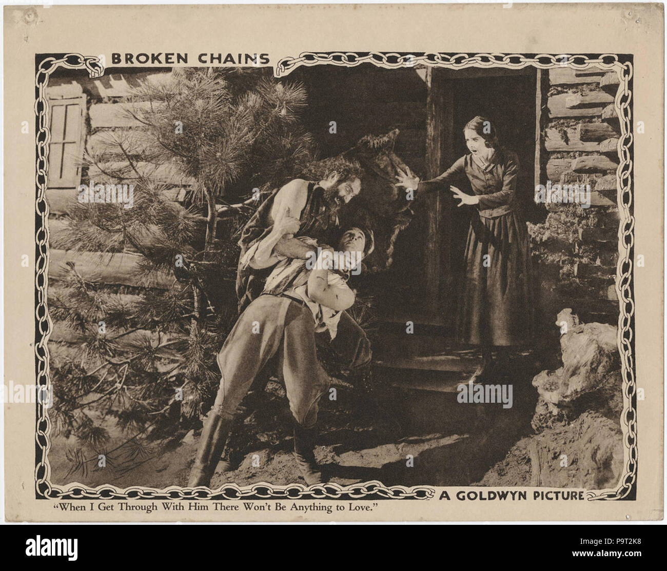 . Anglais : Lobby card pour le film chaînes brisées (1922) avec Ernest Torrence stangling Malcolm McGregor alors que Colleen Moore les regarde. Légende : 'Quand je obtenir sur avec lui il n'y aura rien à l'amour." Environ 28 x 35,5 cm. Une partie de l'ouest de films muets, 1912-1930 collection carte Hall. Citer comme étant du Yale Collection of Western Americana, des livres rares et des manuscrits Beinecke Library, Yale University. Numéro de notice bibliographique 2019840. Voir notre notice Lien Permanent . 1922 (original upload 2009-11-25 11:50) 250 chaînes brisées 3 Banque D'Images