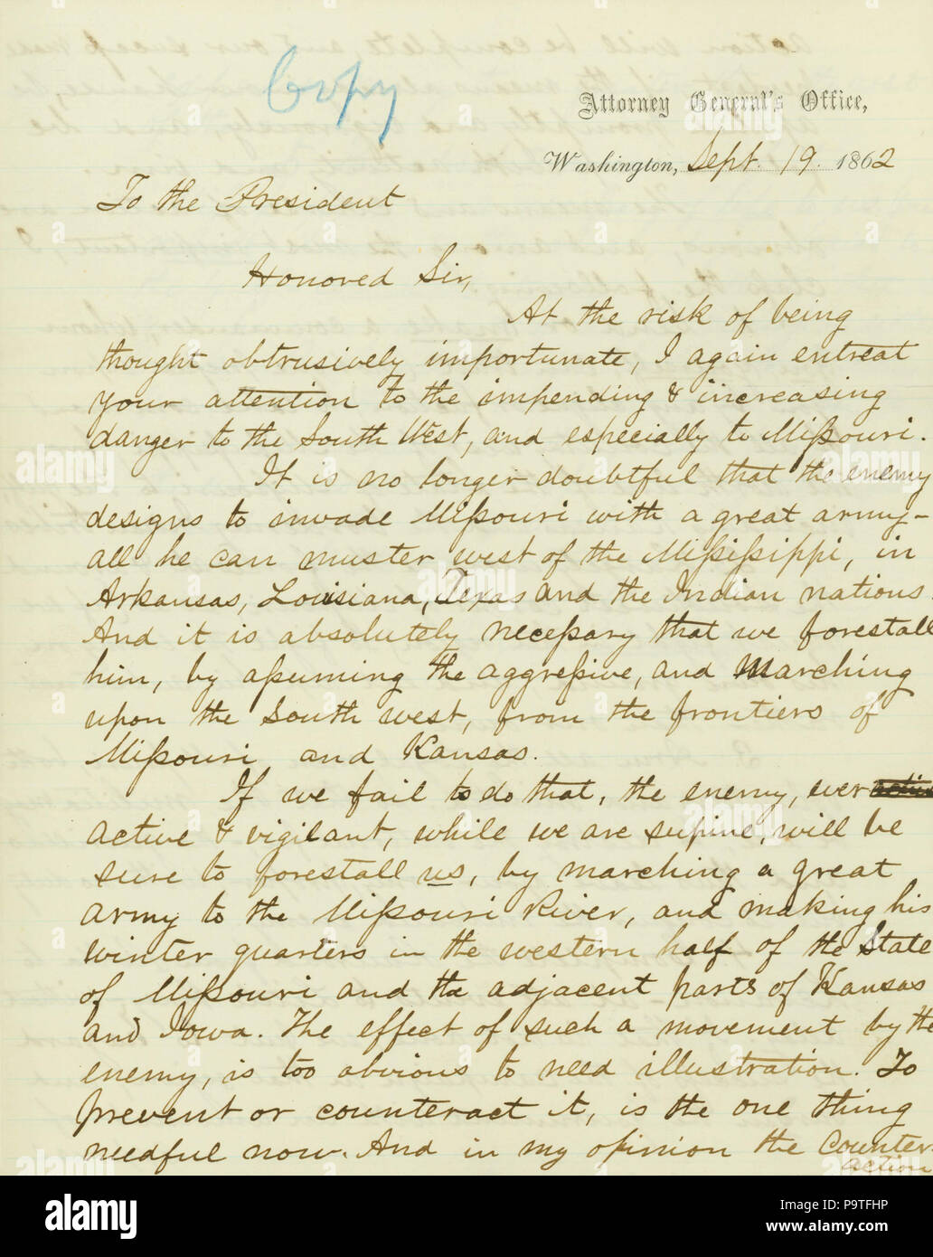 Contemporain 347 copie d'une lettre signée Edw. Bates (Edward Bates), Bureau du Procureur général, à Washington, le président Abraham Lincoln), le 19 septembre 1862 Banque D'Images