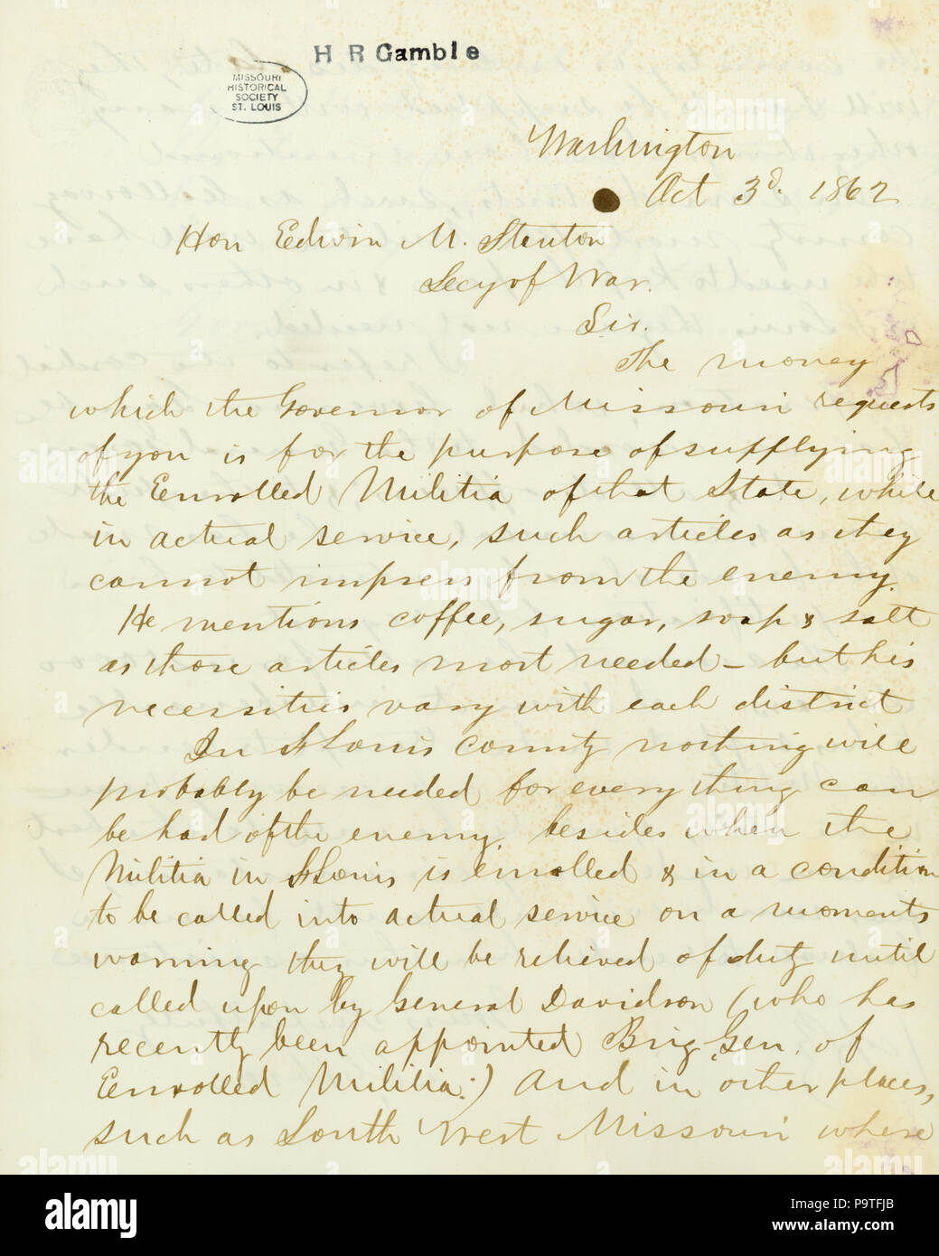 Contemporain 347 copie de lettre signée C. Gibson, Washington, à l'honorable Edwin M. Stanton, Secy. de la guerre, le 3 octobre 1862 Banque D'Images