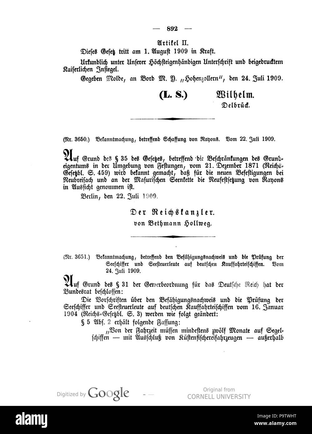 434 046 0892 Reichsgesetzblatt 1909 Deutsches Banque D'Images