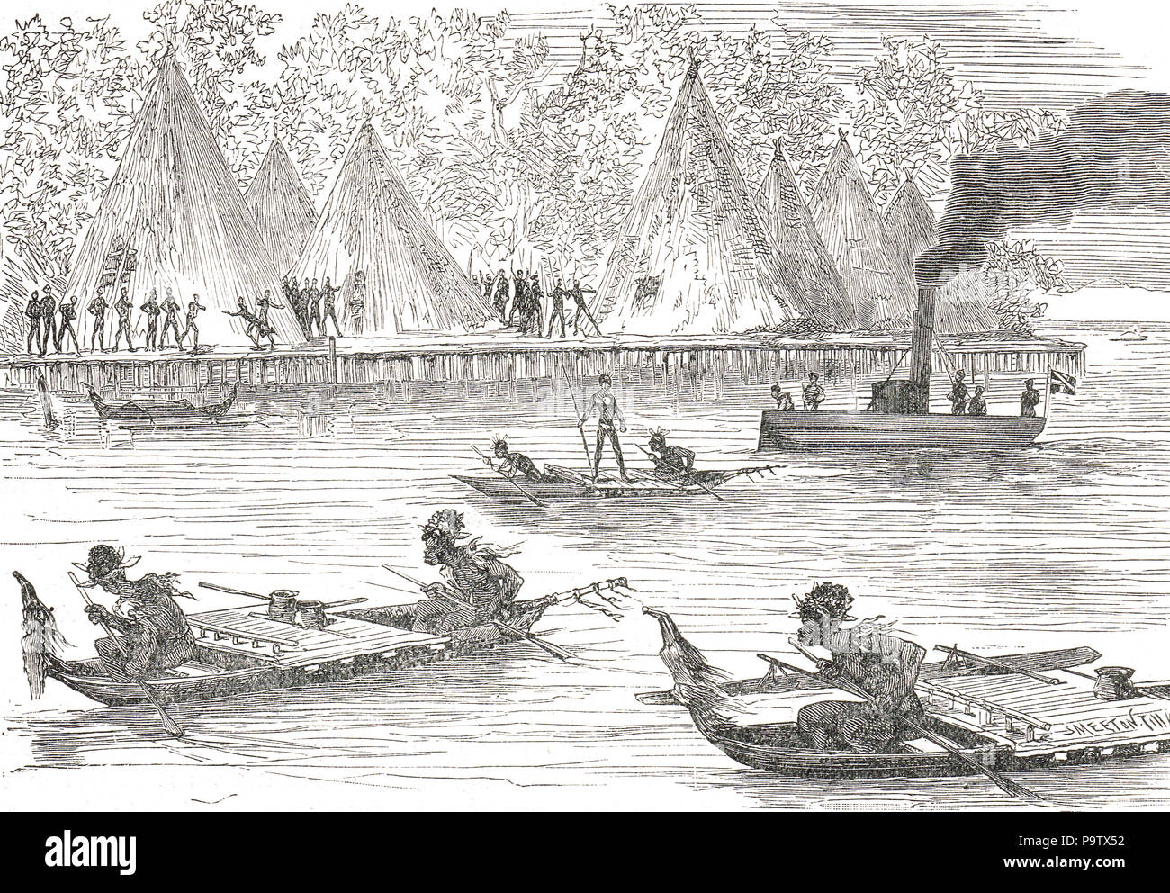 Papous de Humboldt Bay (aujourd'hui l'Yos Sudarso Bay), Guinée, alarmé par le lancement de vapeur HMS Challenger en 1875. L'expédition du Challenger de 1872-76 Banque D'Images