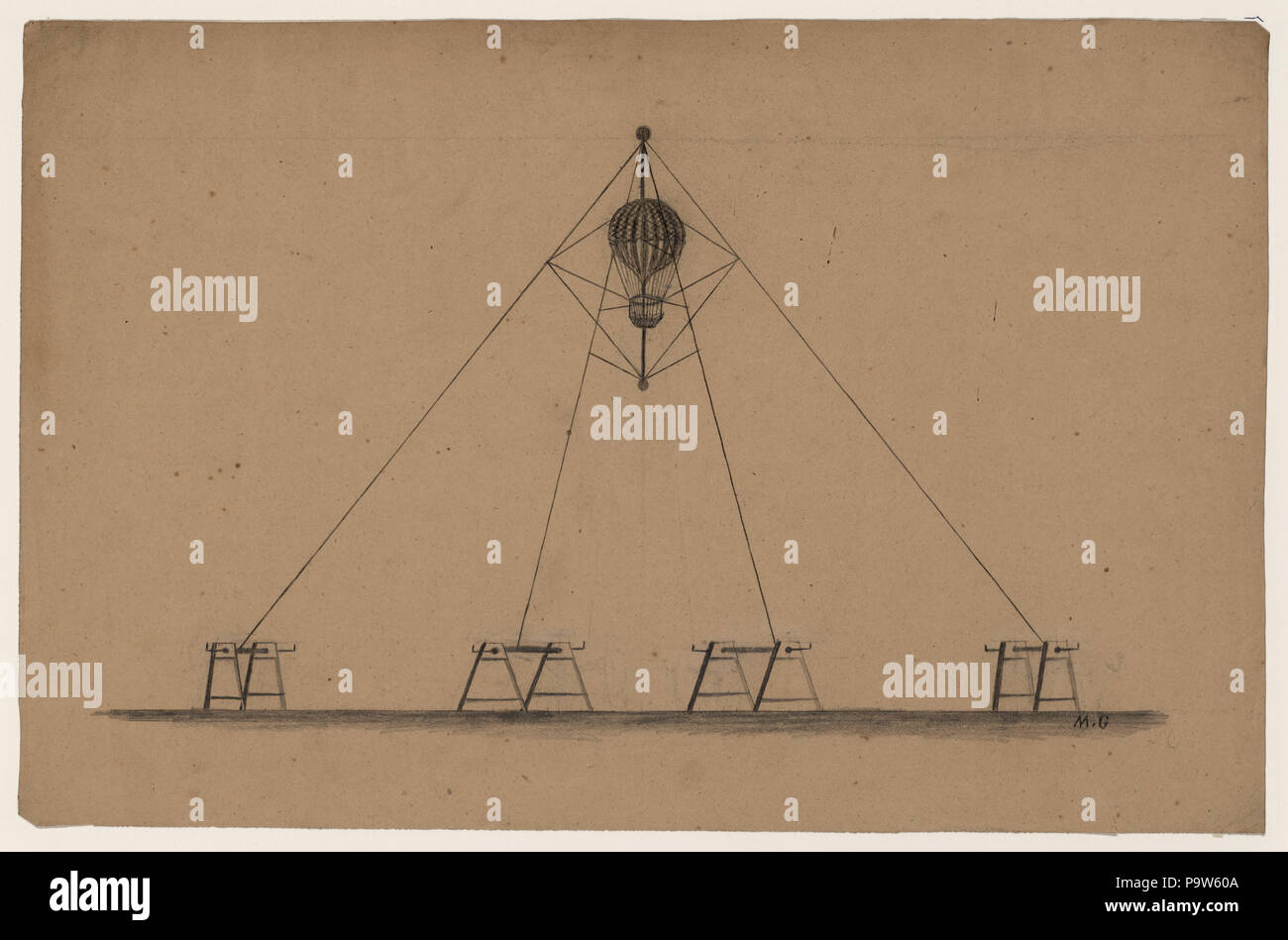 386 dessin de conception de système pour relever et abaisser un ballon captif, contrôlée par quatre cordes formant une forme pyramidale et exploités par des treuils sur le sol au-dessous RCAC2002722687 Banque D'Images