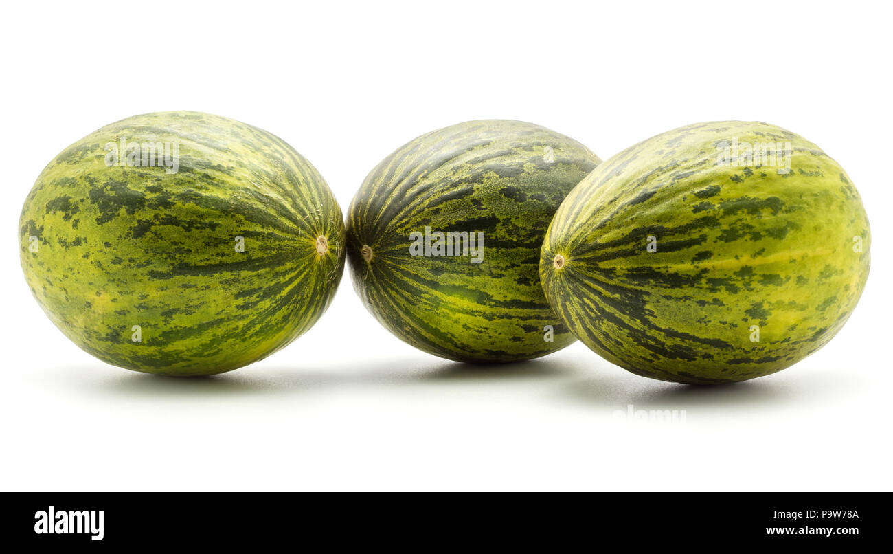 Melon Piel de Sapo (Santa Claus Noël variété) isolé sur fond blanc trois entiers avec rayures vert écorce externe Banque D'Images