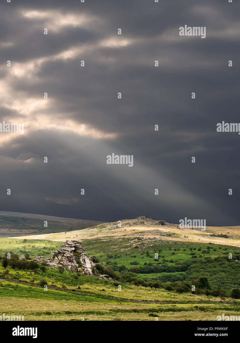 Lumière du soir et ciel dramatique au-dessus de Dartmoor sauvages au Royaume-Uni. Banque D'Images