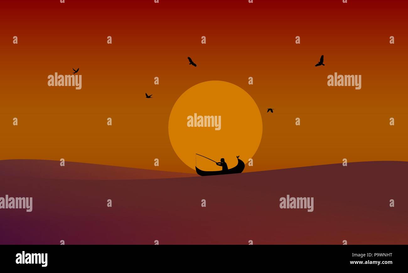 La pêche dans le coucher du soleil avec gradient vector illustration Illustration de Vecteur