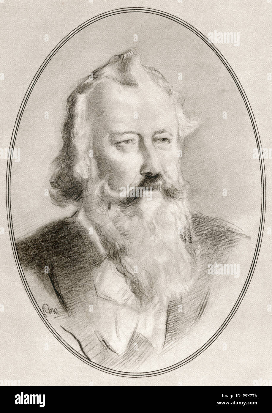 Johannes Brahms, 1833 - 1897. Pianiste et compositeur allemand de la période romantique. Illustration par Gordon Ross, artiste et illustrateur américain (1873-1946), de vivre des biographies de grands compositeurs. Banque D'Images