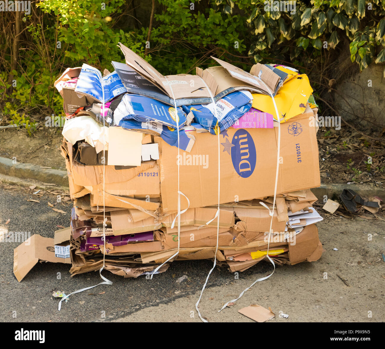 Boîtes de carton aplati et empilés pour la collecte sélective, en Angleterre, Royaume-Uni Banque D'Images