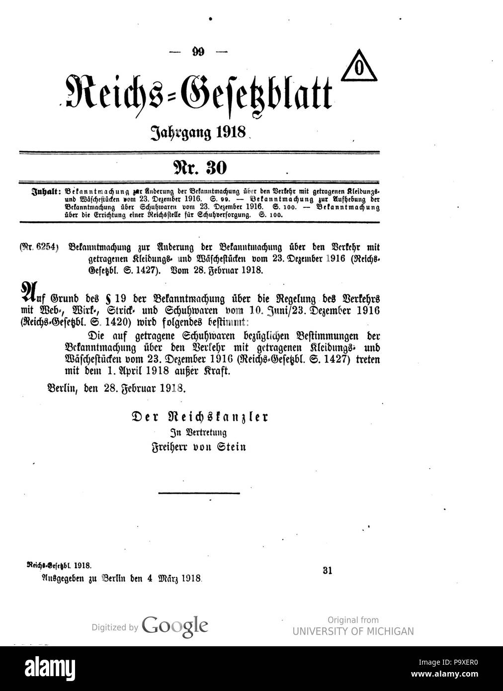 478 1918 030 0099 Reichsgesetzblatt Deutsches Banque D'Images