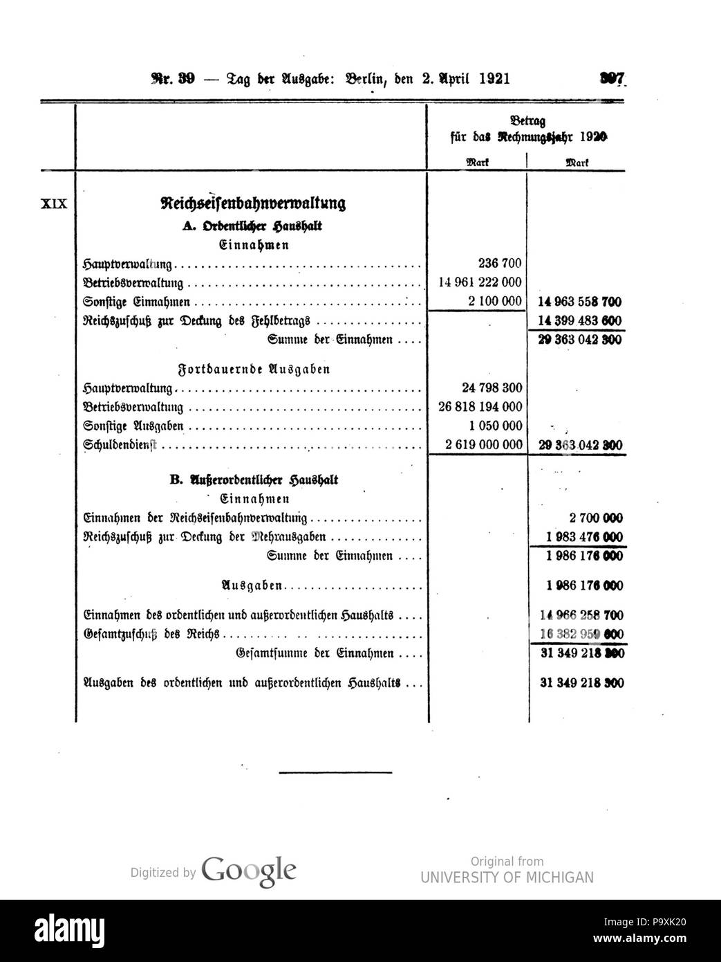513 039 0397 1921 Reichsgesetzblatt Deutsches Banque D'Images