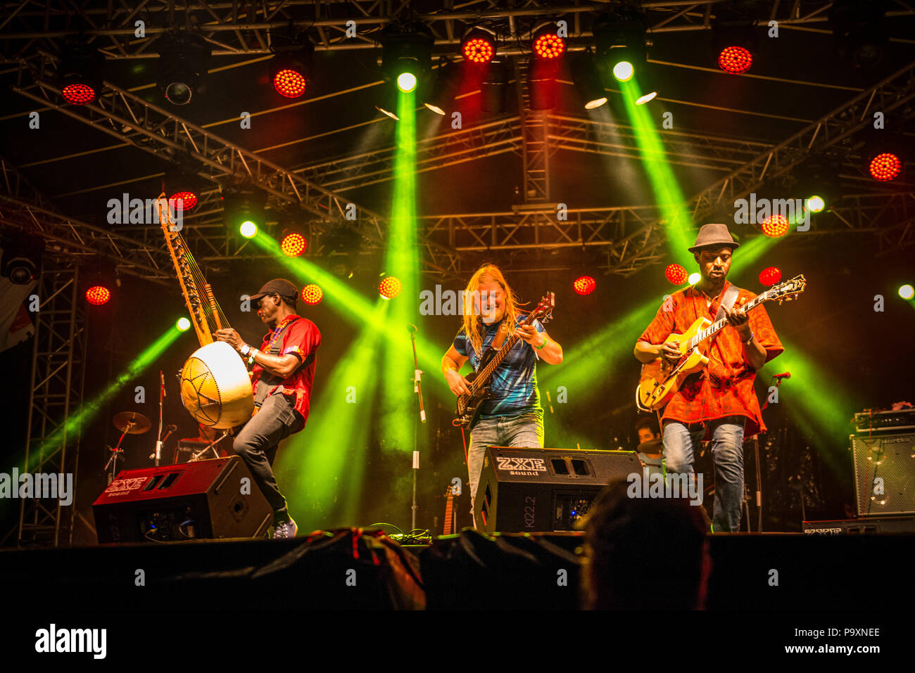 Les membres du groupe guinéen 'Djeli Moussa Conde' effectuant à la Rainforest World Music Festival 2018 à Sarawak, Malaisie. (Bornéo). Banque D'Images