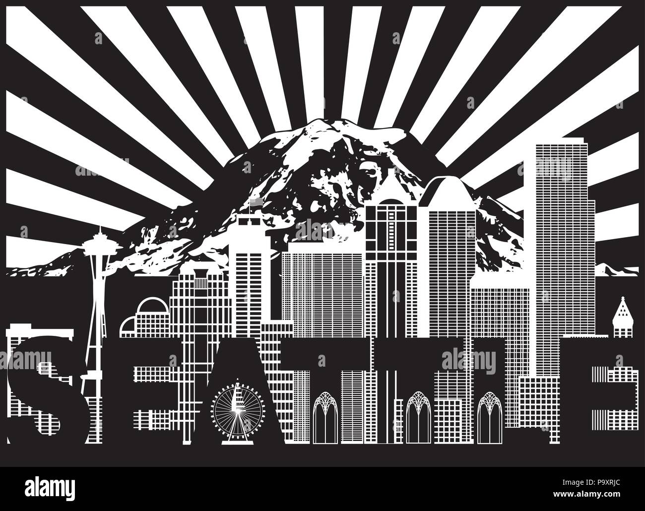 Seattle Washington Contours Silhouette aux toits de la ville avec le Mont Rainier Rayons de Soleil noir isolé sur fond blanc Illustration Illustration de Vecteur