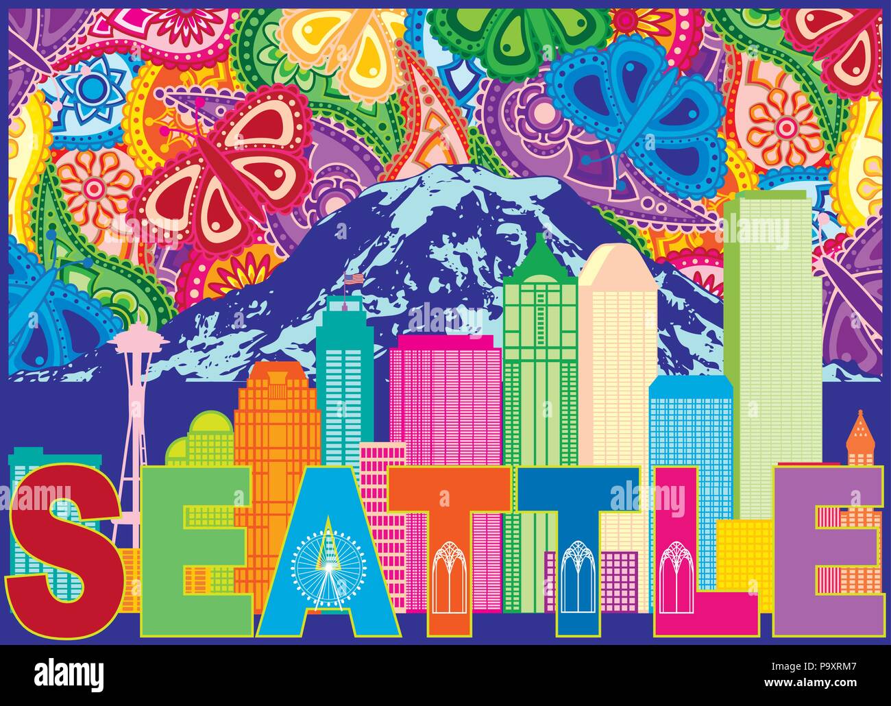 Seattle Washington Contours Silhouette aux toits de la ville avec le Mont Rainier rayons soleil motif Paisley coloré Illustration d'arrière-plan Illustration de Vecteur