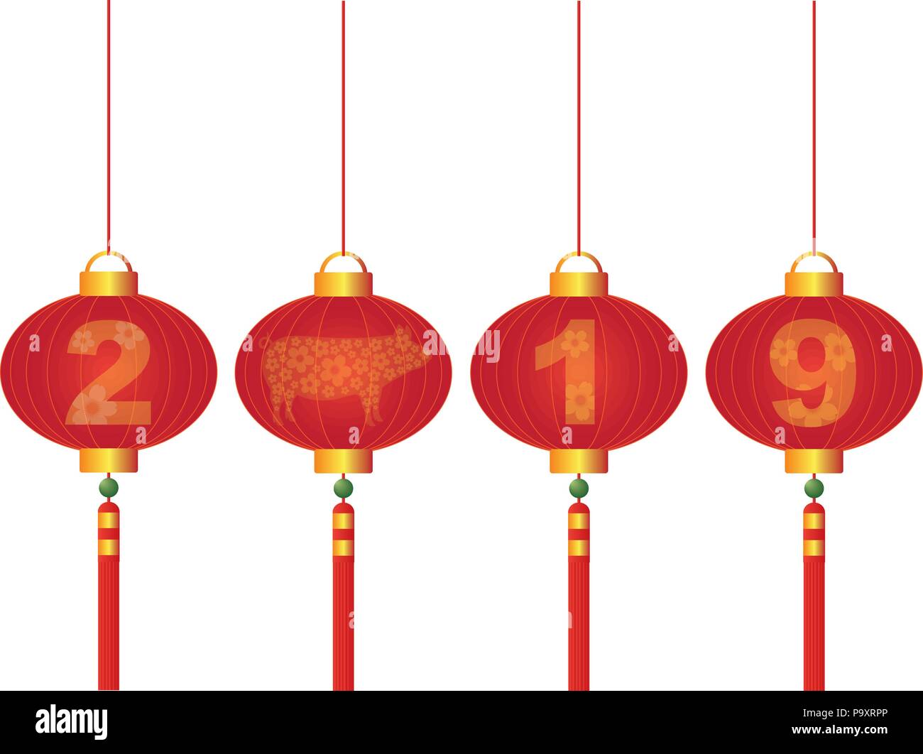 2019 Nouvelle Année lunaire chinoise du cochon lanterne rouge avec Fleur de cerisier isolé sur fond blanc Illustration Illustration de Vecteur