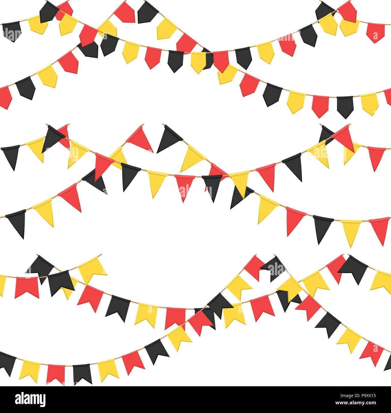 Ensemble de drapeaux célébration avec Garland, chaîne noire, jaune, rouge pennons sans arrière-plan, le pied et la bannière pour célébration Illustration de Vecteur