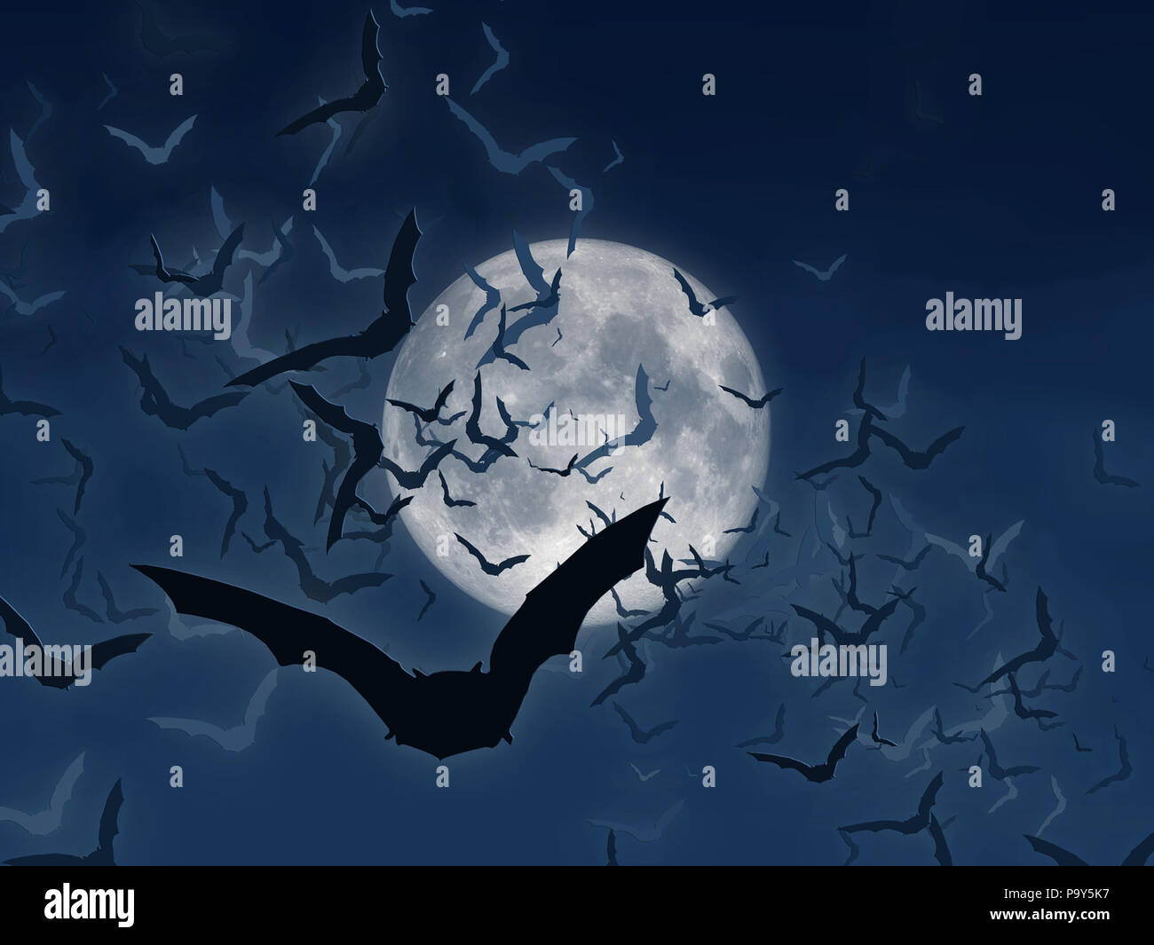 Une belle illustration d'une belle pleine lune la nuit et les chauves-souris noir Banque D'Images