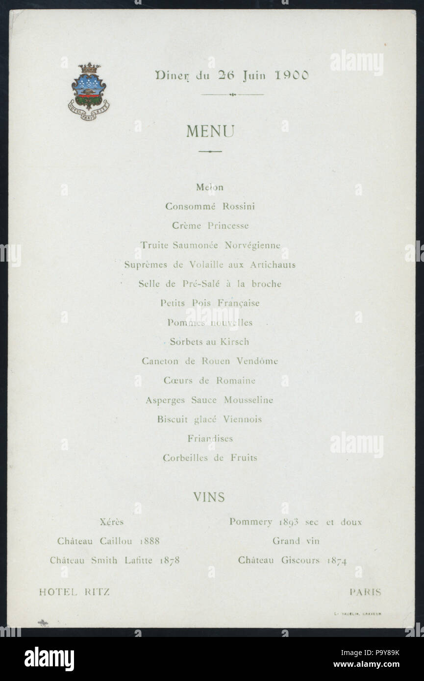 533 DINER (détenu par) L'HÔTEL RITZ (at) "PARIS, FRANCE" (hôtel ;) (NYPL Hadès-274086-468361) Banque D'Images