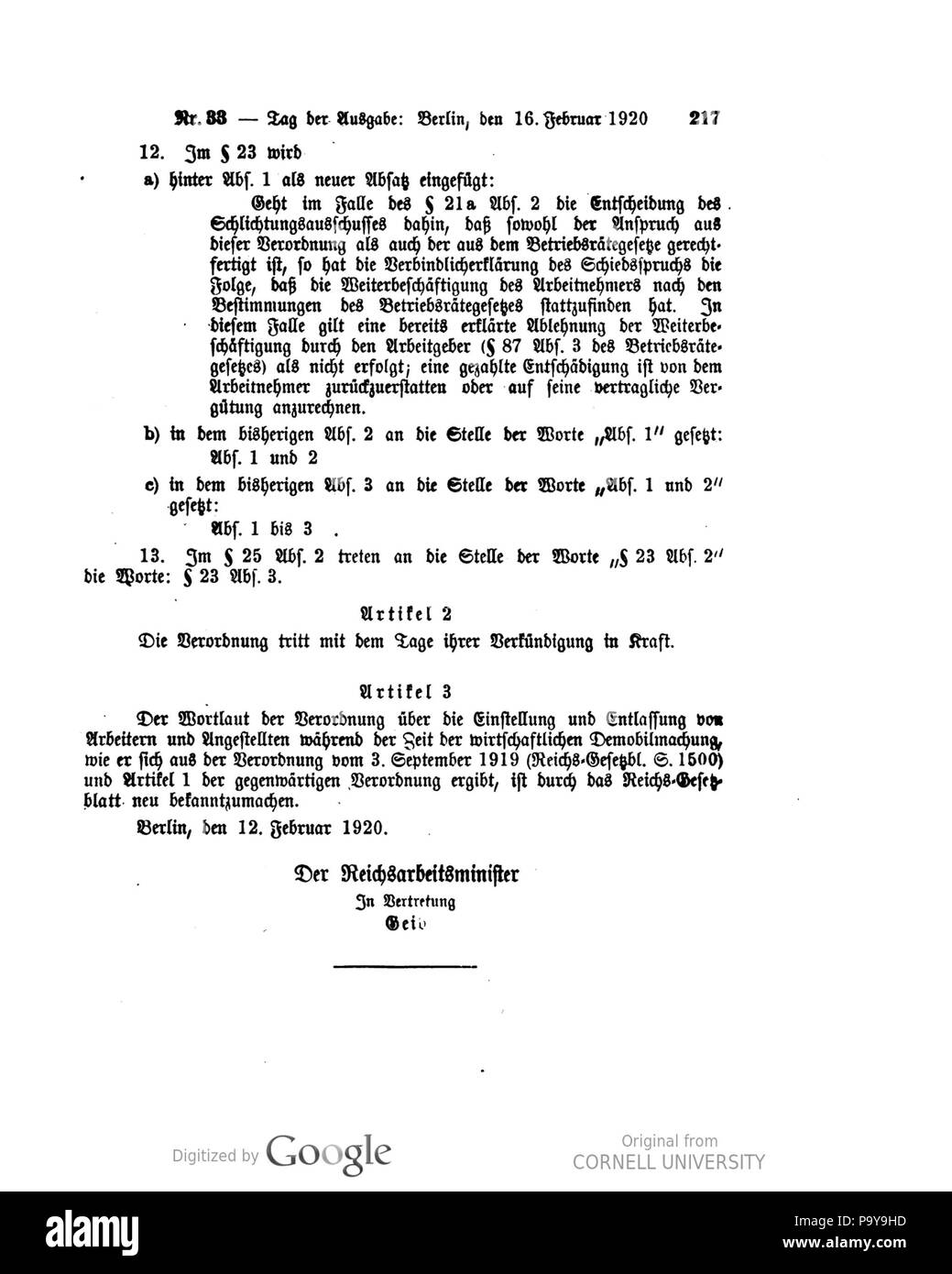 499 033 0217 Reichsgesetzblatt 1920 Deutsches Banque D'Images