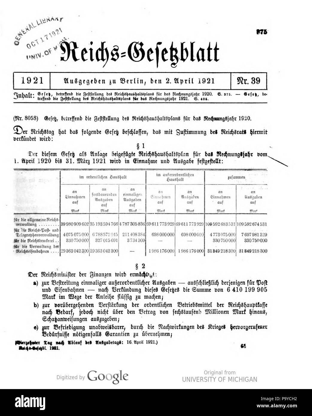 513 039 0375 Reichsgesetzblatt 1921 Deutsches Banque D'Images