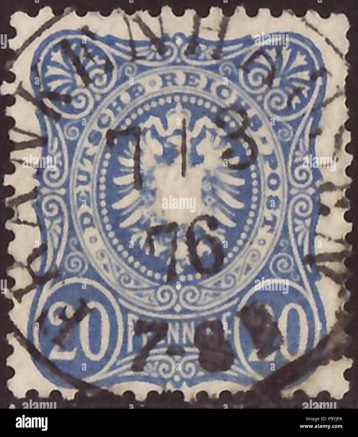 . Cachet de l'Empire allemand ; 1875 ; timbre de l'émission de 1875, après l'introduction de la nouvelle marque-monnaie ; service inscription 'PFENNIGE' (avec '...E') ; cachet de Frankenhausen (Thuringe, contemporain : Bad Frankenhausen), 1876 Stamp : Michel : n° 34 ; Yvert & Tellier : No 33 (DR) ; Scott : n° 32 (DE) Couleur : bleu outremer à Filigrane : aucune valeur nominale : 20 Postal Pfennige Validité : à partir du 1er janvier 1875 jusqu'au 31 janvier 1891 : Cachet de Frankenhausen (Thuringe, contemporain 'Bad Frankenhausen'), 7 mars 1876 (single-cercle avec cachet 26 mm cercle extérieur) . 1 janvier 1975 (fir Banque D'Images