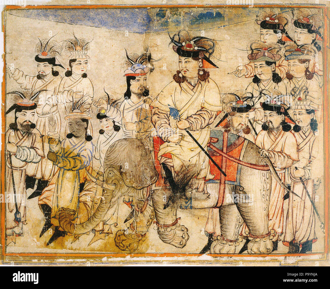 . Règle sur un éléphant. Illustration de Rashid-ad-Din's Gami' at-tawarih. Tabriz ( ?), 1e quart du 14e siècle. L'aquarelle sur papier. Taille originale : 21.3 cm x 27 cm. Staatsbibliothek Berlin, Orientabteilung, Diez a fol. 71, p. 56. 14e siècle 532 DiezAlbumsElephant Banque D'Images