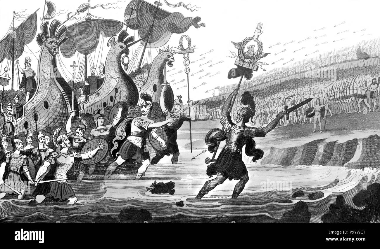 Jules César et l'armée romaine LANDING ENVAHIR LA Grande-bretagne 55 BC EMPIRE ROMAIN - q60274 CPC001 HARS ARCHERS CONQUÊTE CONQUÊTE CONTRADICTOIRES ENVAHISSANT SPQR COOPÉRATION LUTTANT CONTRE LE NOIR ET BLANC CONQUÉRANT PERSONNE CÉLÈBRE EMPIRE ROMAIN Banque D'Images