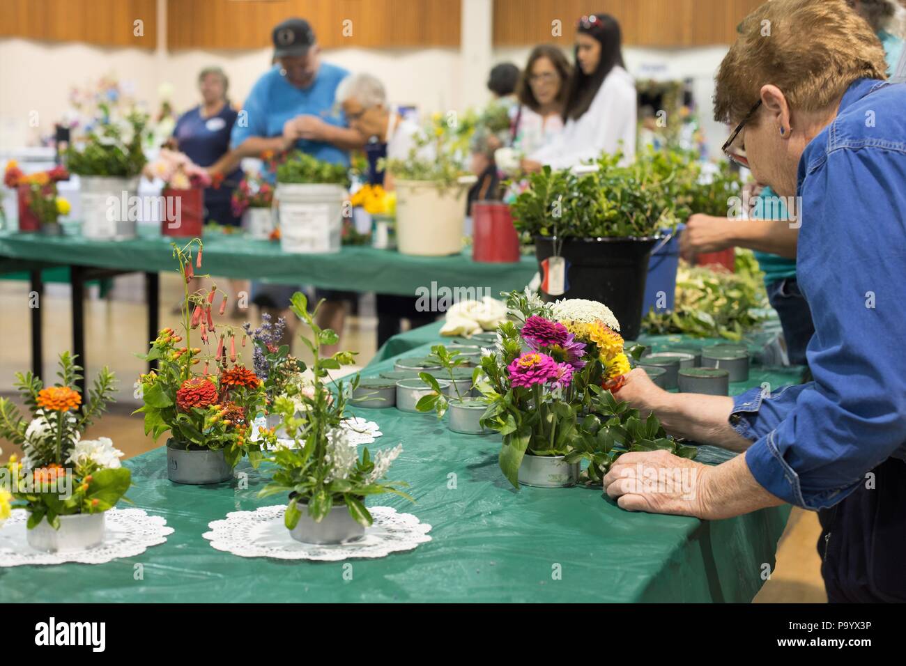 A senior woman travaille sur un arrangement floral, à la foire du comté de Lane à Eugene, Oregon, USA. Banque D'Images