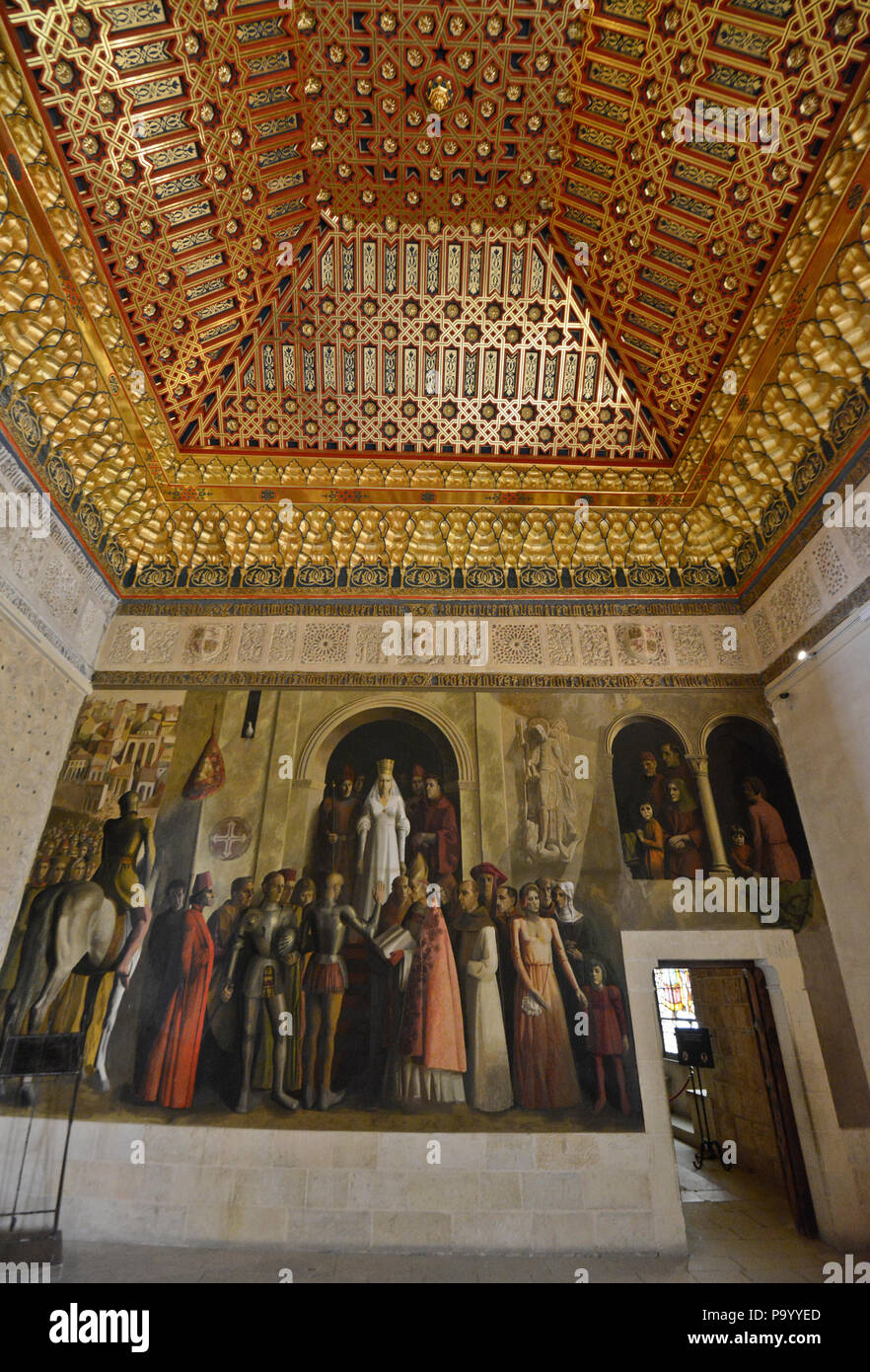 Alcazar de Ségovie, Hall de la cuisine avec peinture murale du couronnement de Isabelle I de Castille, Espagne Banque D'Images