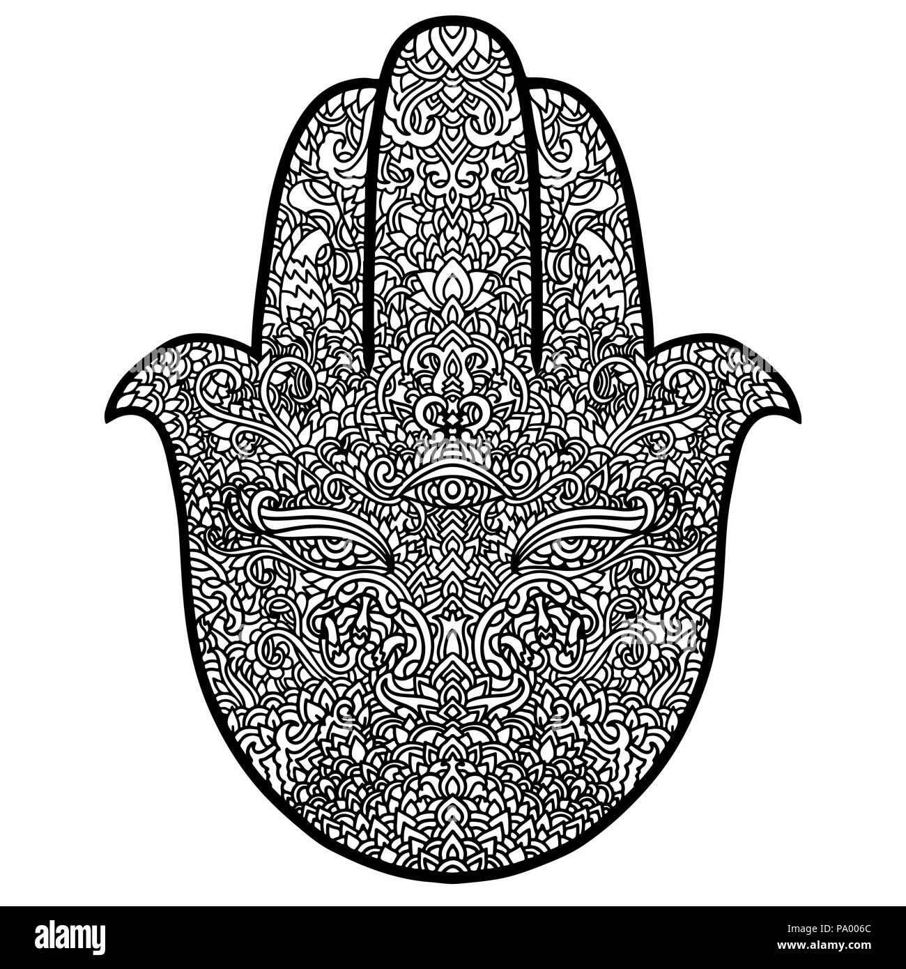 Symbole Hamsa. Motif main de Fatima. Vector illustration. Mandala indien pour l'ornement des profils des livres à colorier. Noir et blanc asiatique fond authentique. Illustration de Vecteur