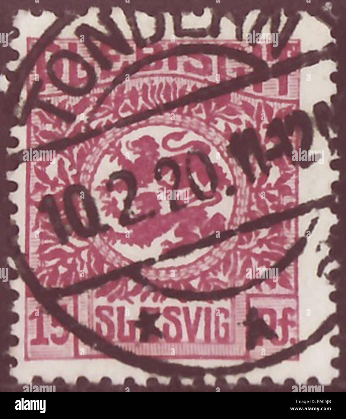 . Cachet de l'Empire allemand - 'Schleswig zone plébiscite' ; timbre de 1920 Stamp : Michel : n° 5 ; AFA : No 19 (DR-SL) Couleur : rouge sombre brunâtre à lilas lilas : Schleswig Filigrane n°1 (croix) Valeur nominale : 15 pfennig (Fp) Validité : envoi du 25 janvier 1920 jusqu'au 27 mai 1920 (zone 1) du 25 janvier 1920 jusqu'au 23 juin 1920 (zone 2) : Cachet de Tønder, 10 février 1920 (Danemark) contemporain . 25 janvier 1920 (premier jour de la question stamp) 10 février 1920 (date du cachet) (date du cachet) 590 DRAbstG 1920 MiNr05 B002 Schleswig Banque D'Images