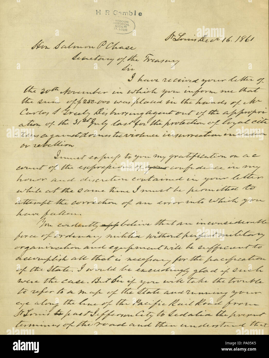 590 Projet de lettre de Hamilton R. Gamble, Saint Louis, à l'honorable Salmon P. Chase, secrétaire du Trésor, le 16 décembre 1861 Banque D'Images