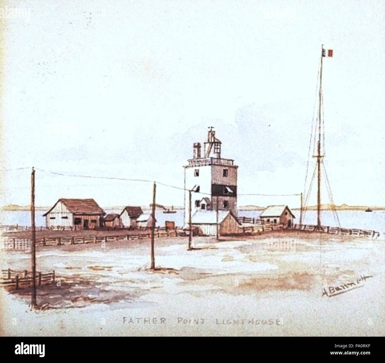 . Anglais : Peinture, Père Point Lighthouse, de Halifax à Vancouver, Henry Richard S. Bunnett, aquarelle sur papier, 22 x 24 cm English : Peinture, phare de Pointe-au-Père, de Halifax à Vancouver, Henry Richard S. Bunnett, Aquarelle sur papier, 22 x 24 cm . Entre 1885 et 1889 Père 641 Point Lighthouse Banque D'Images