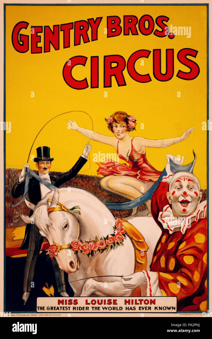 . Circus affiche montrant Louise Hilton perché sur un cheval blanc, à propos de sauter par-dessus un foulard tenu par un clown et un méchant. Texte : 'Gentry Bros Circus. Mlle Louise Hilton, le plus grand pilote que le monde ait jamais connue." 1 imprimez (poster) : chromolithographie ; 105 x 72 cm. Gentry Frères a été un cirque (anciennement un dog & pony show) administré par Henry, Frank, Walter et J. W. Gentry basée à Bloomington, Indiana. Elle existe sous diverses formes, entre 1887 et 1922. Entre 1920 et 1922 702 Gentry Bros Circus affiche présentant Mlle Louise Hilton, 1920-1922 Banque D'Images