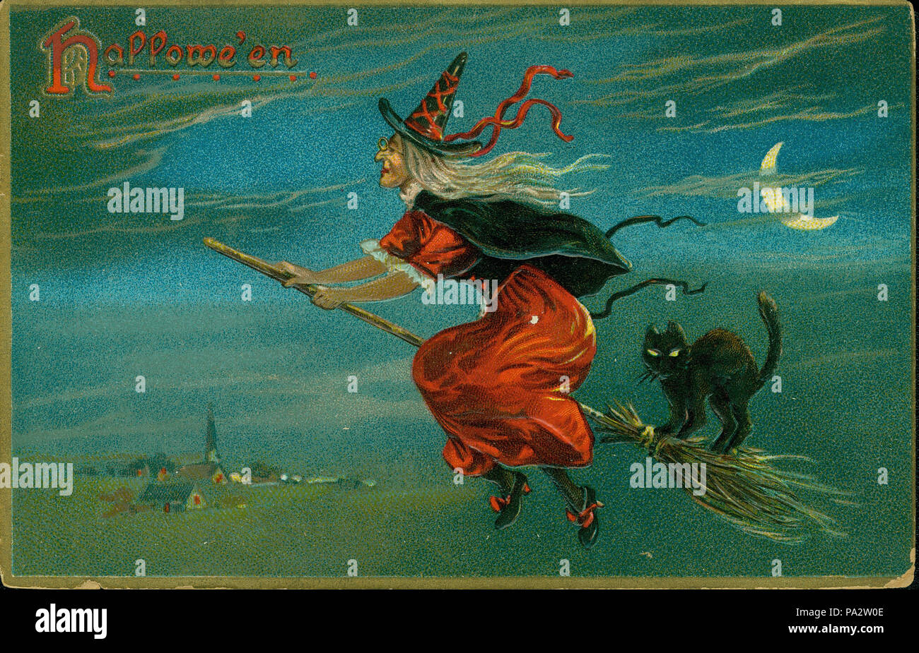 Anglais : Titre : 'l'Hallowe'en.' (une sorcière sur un balai avec un chat  noir). circa 1908 3 "l'Halloween." (une sorcière sur un balai avec un chat  noir Photo Stock - Alamy