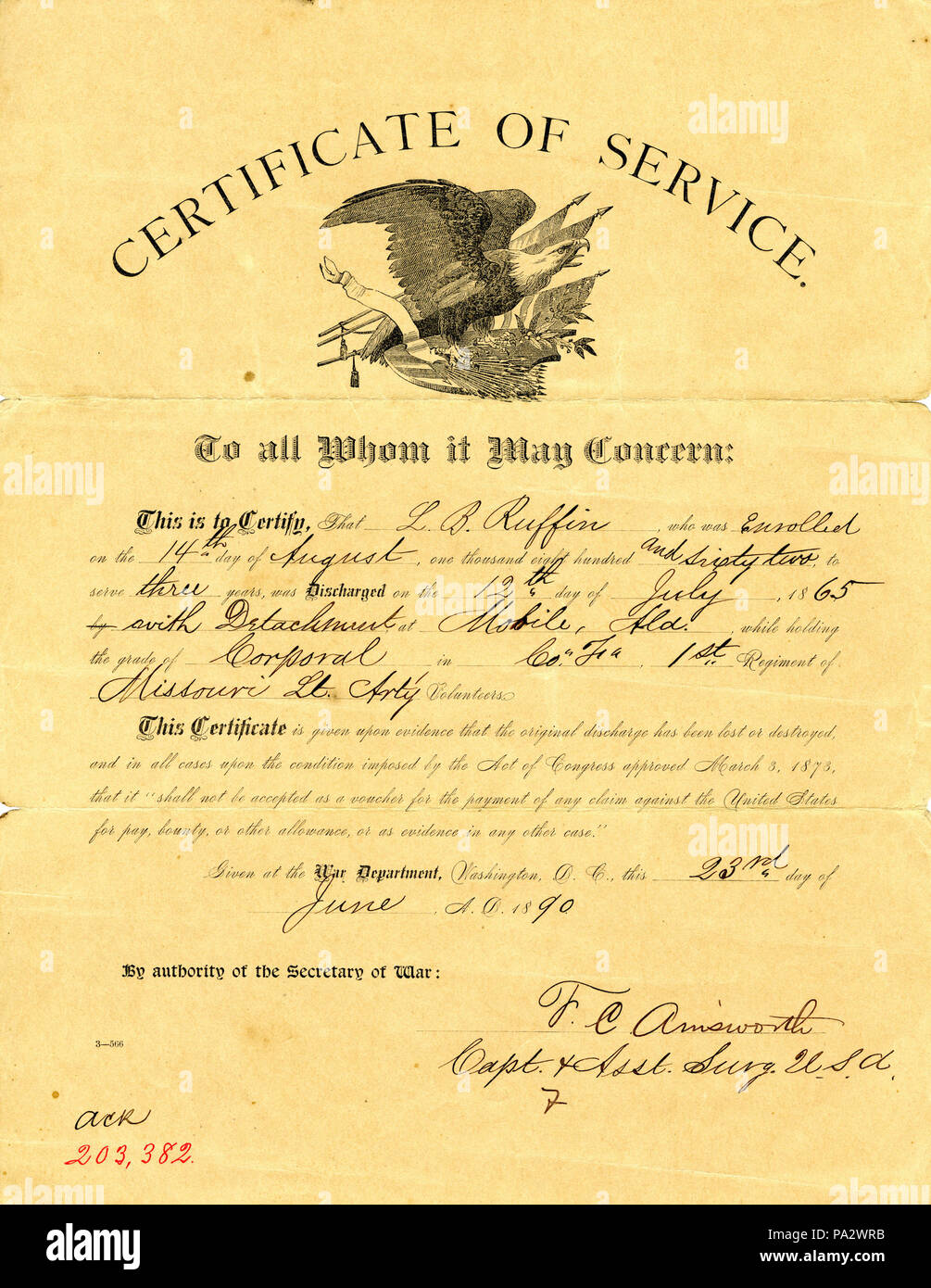294 Certificat de service de L.B. Ruffin, le 23 juin, 1890 Banque D'Images