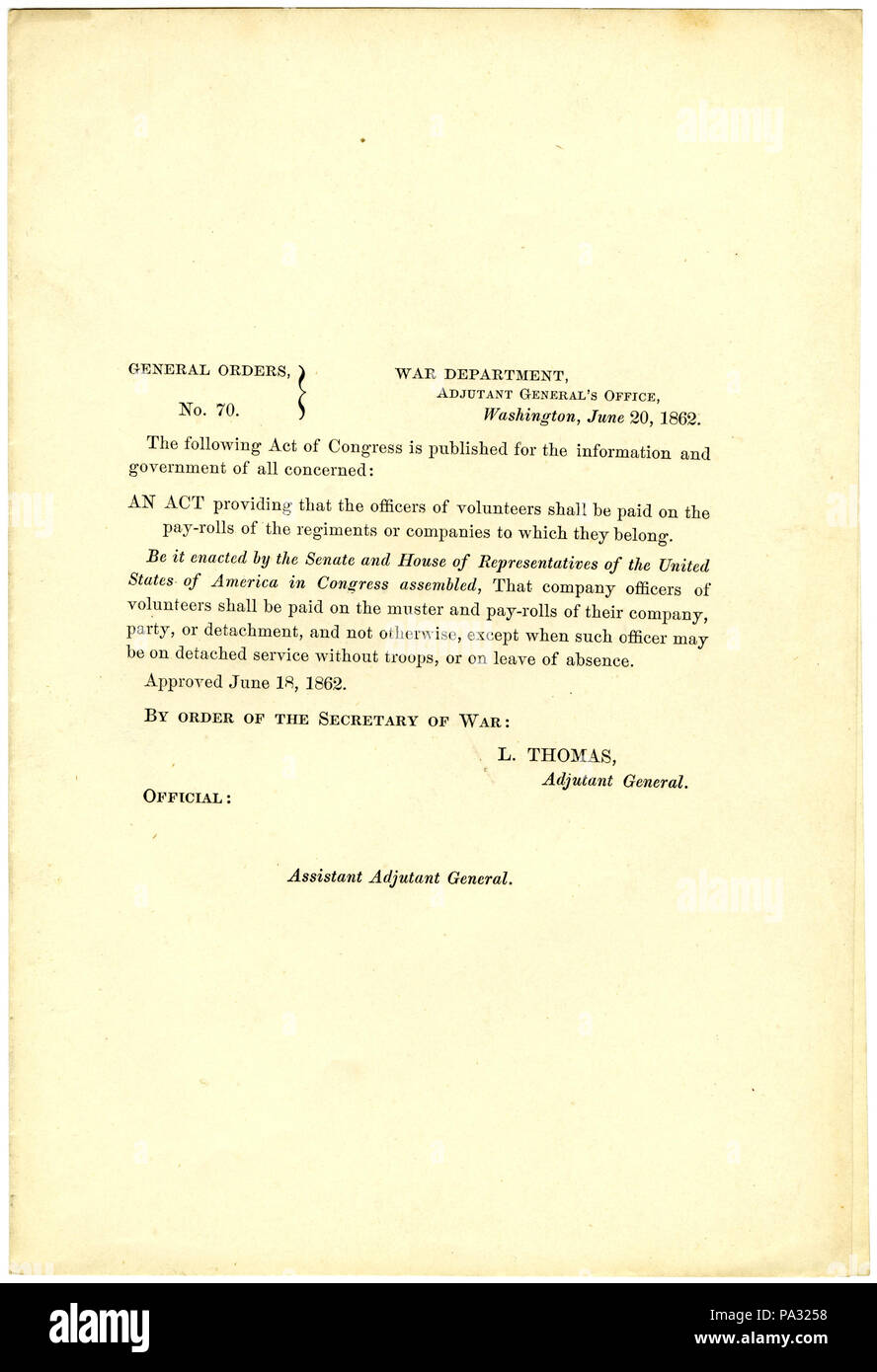 698 Les ordonnances générales, n° 70, ministère de la guerre, l'adjudant-général's Office, Washington, le 20 juin, 1862 Banque D'Images