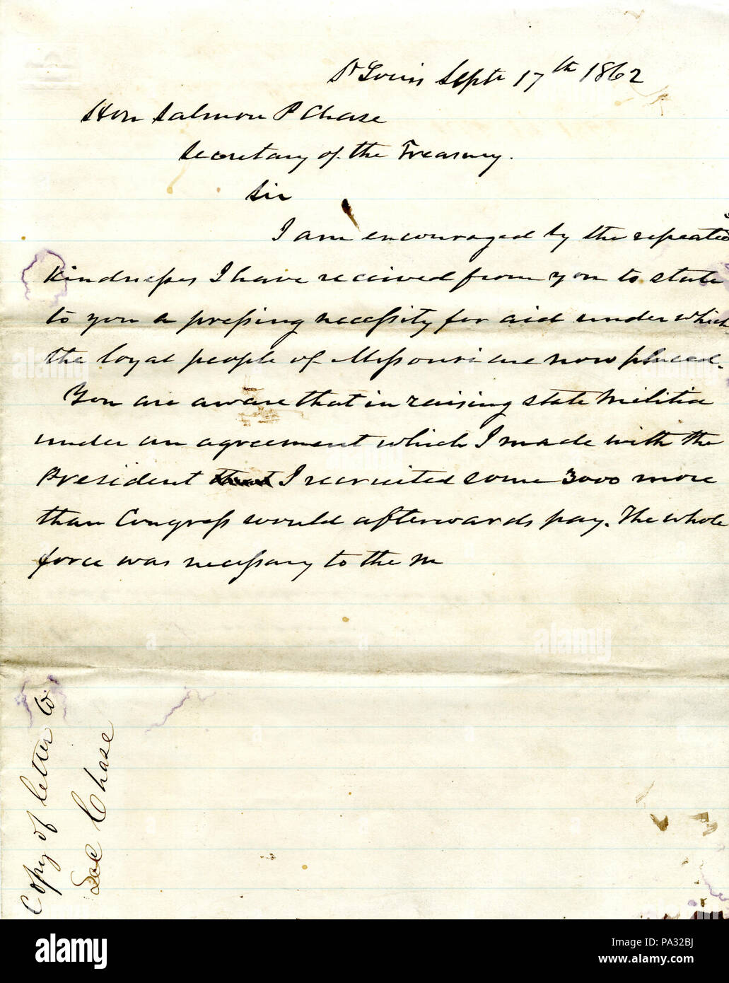 590 Projet de lettre de Hamilton R. Gamble, Saint Louis, à l'honorable Salmon P. Chase, secrétaire du Trésor, le 17 septembre 1862 Banque D'Images